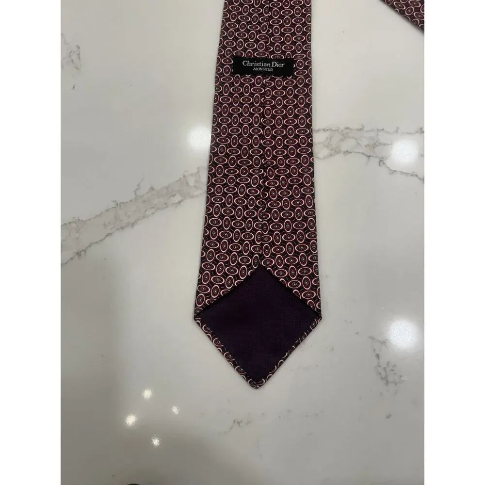 Vtg Christian Dior‎ Monsieur Men’s Tie 3.75” Red Geometric Italian Silk Fabric